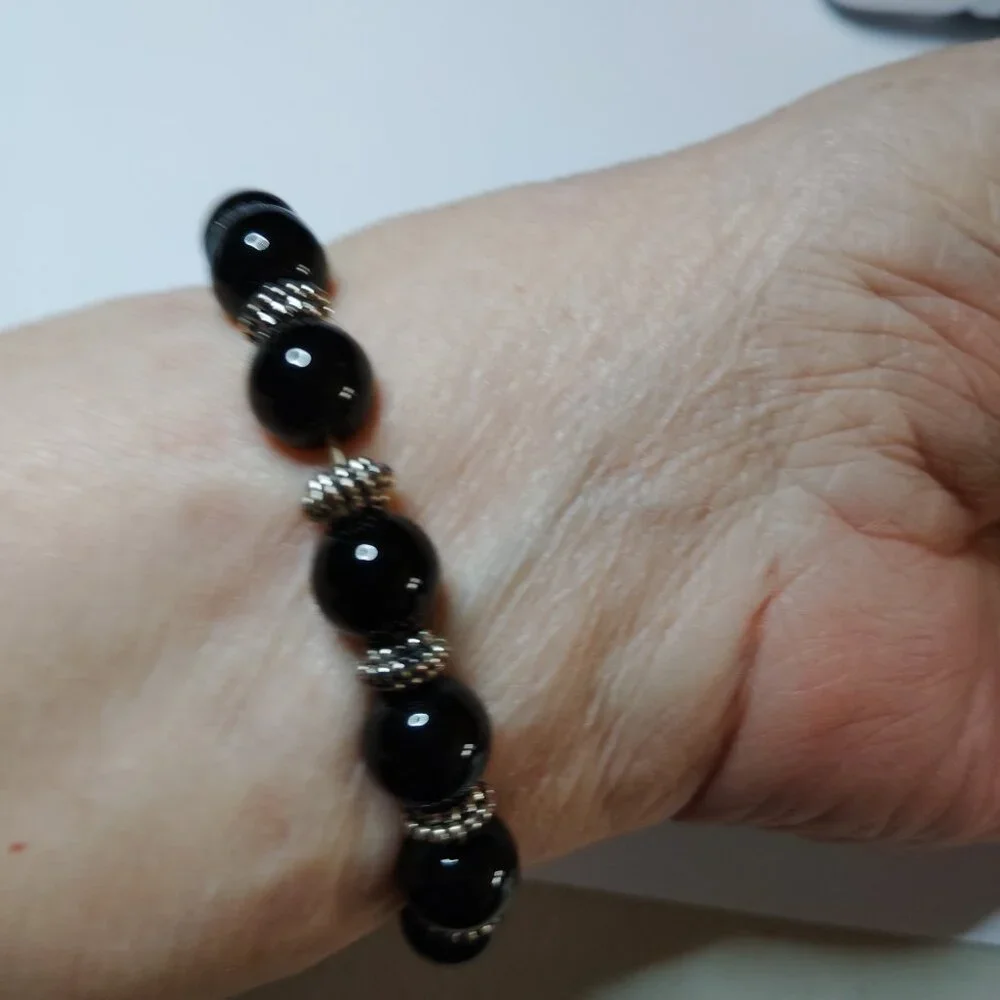 Black Bead Stretch Bracelet with Silver Tone Skull Gothic Punk Style